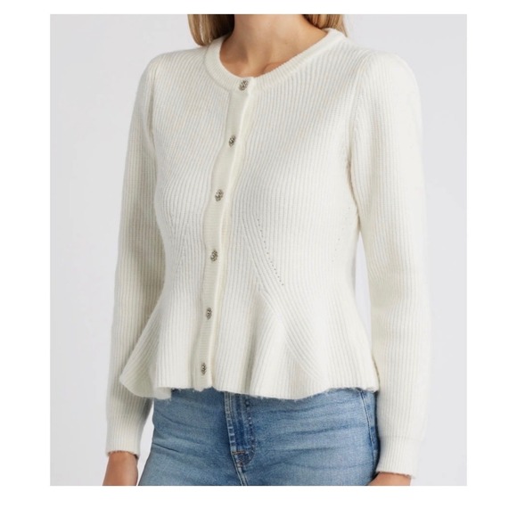 Sam Edelman Sweaters - Sam Edelman‎ White Peplum Cardigan Rhinestone Button Coquette Sweater Size M